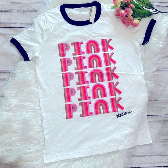 Pink Victoria’s Secret Black Piping Crew Neck Tee Shirt Size Small - Picture 1 of 5